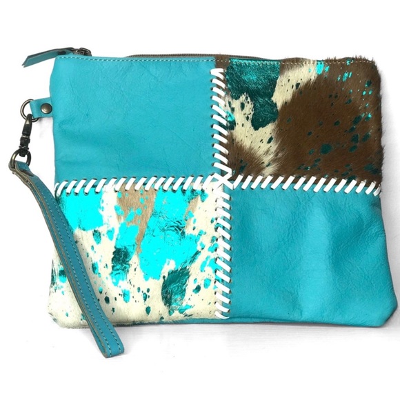 1 LEFT! Handmade Genuine Leather Metallic Foil Stitch Detail Clutch - Picture 3 of 5